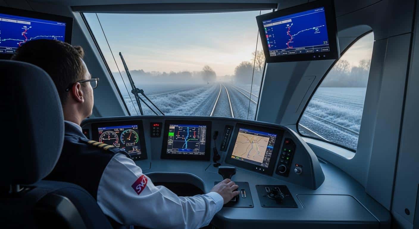 Dans la cabine avant d’un train ultramoderne, un conducteur en tenue SNCF surveille des écrans lumineux, main sur la manette, tandis que la voie ferrée s’étire sous un ciel d’hiver givré ; à travers la grande vitre, la lumière bleue et la brume matinale évoquent la tension du moment.