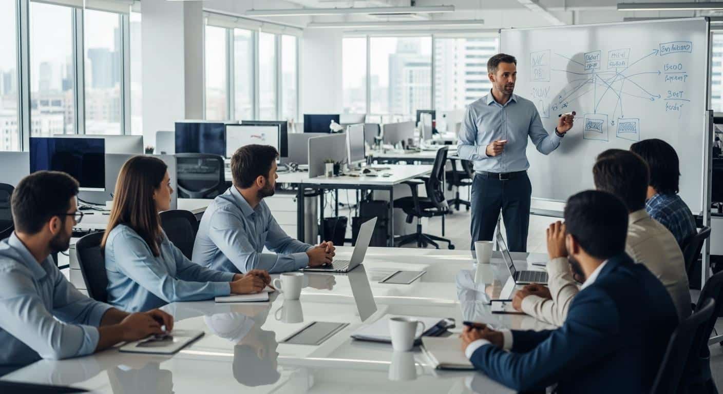 Un open space en entreprise avec des employés autour d'une grande table de réunion, une ambiance tendue, regards échangés et gestes discrets pendant qu’un chef s’exprime debout au tableau.