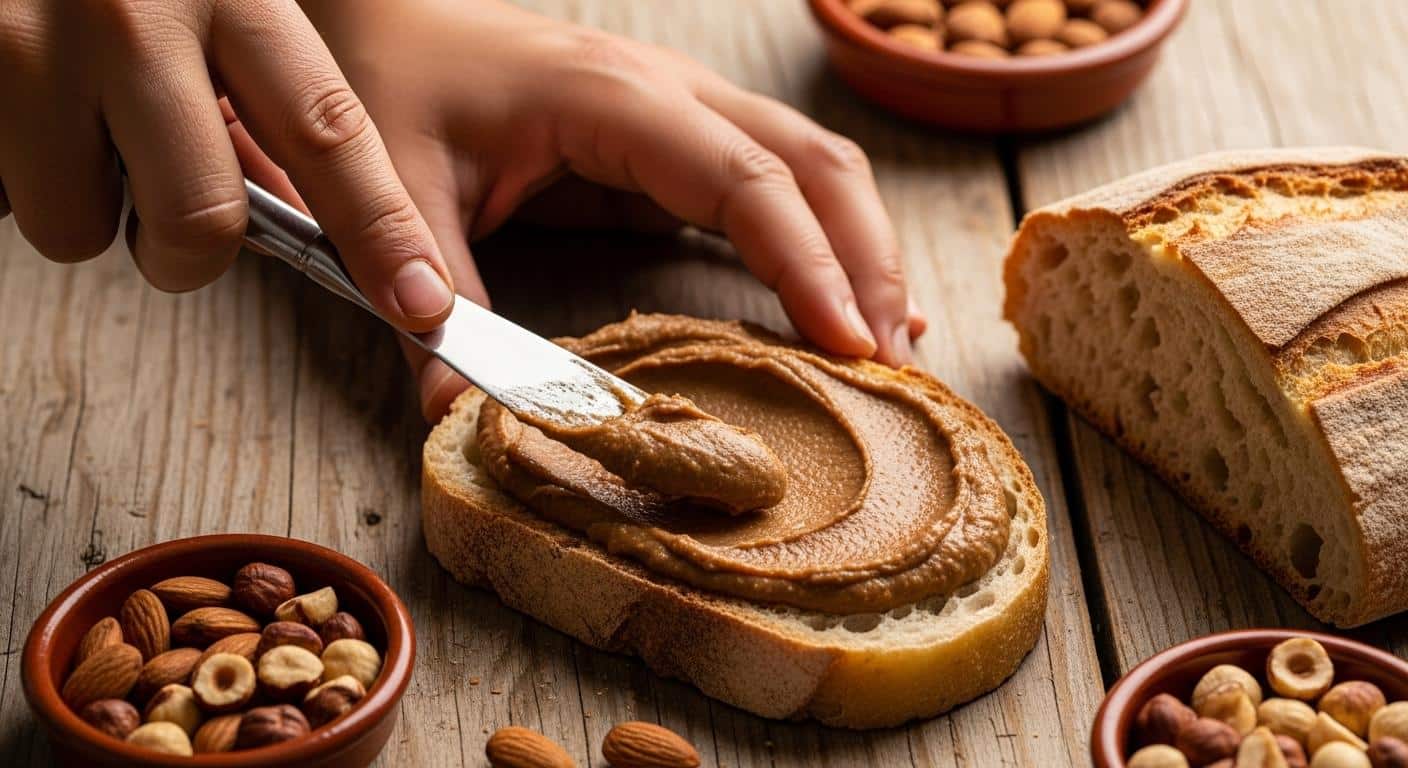 Une main tunisienne étale de la pâte el mordjane brune et onctueuse sur une tranche de pain épais, sur une table en bois entourée de bols d’amandes et de noisettes grillées.