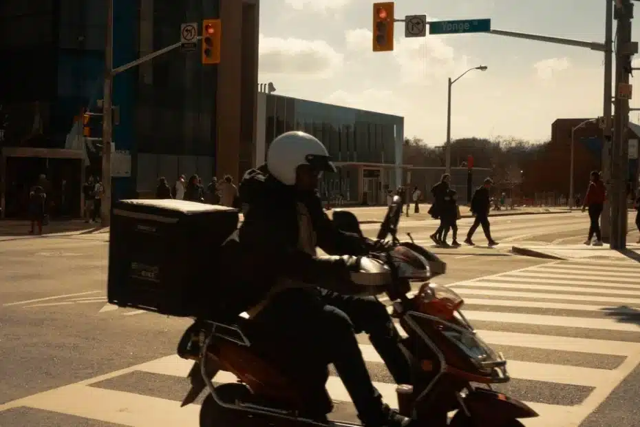 Moto noire coursier express sur route urbaine, document à la main