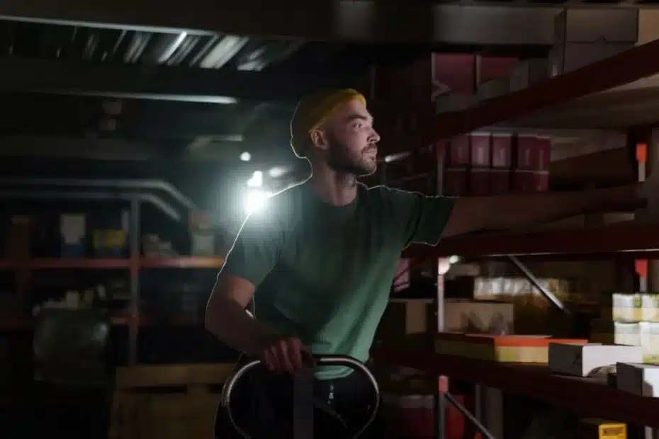 Technicien installant un rayonnage métallique dans un entrepôt professionnel